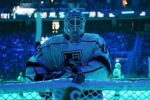 Cal Peterson of the Los Angles Kings focuses in preparation for the Kings' game against the Seattle Kraken at Climate Pledge Arena